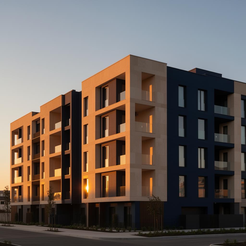 A modern apartment building at golden hour, illustrating a property managed by Everest Property Solutions